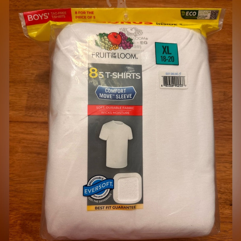 Fruit of the Loom, Short Sleeve Undershirts, crew neck 8-Pack, White, XL (18-20)
